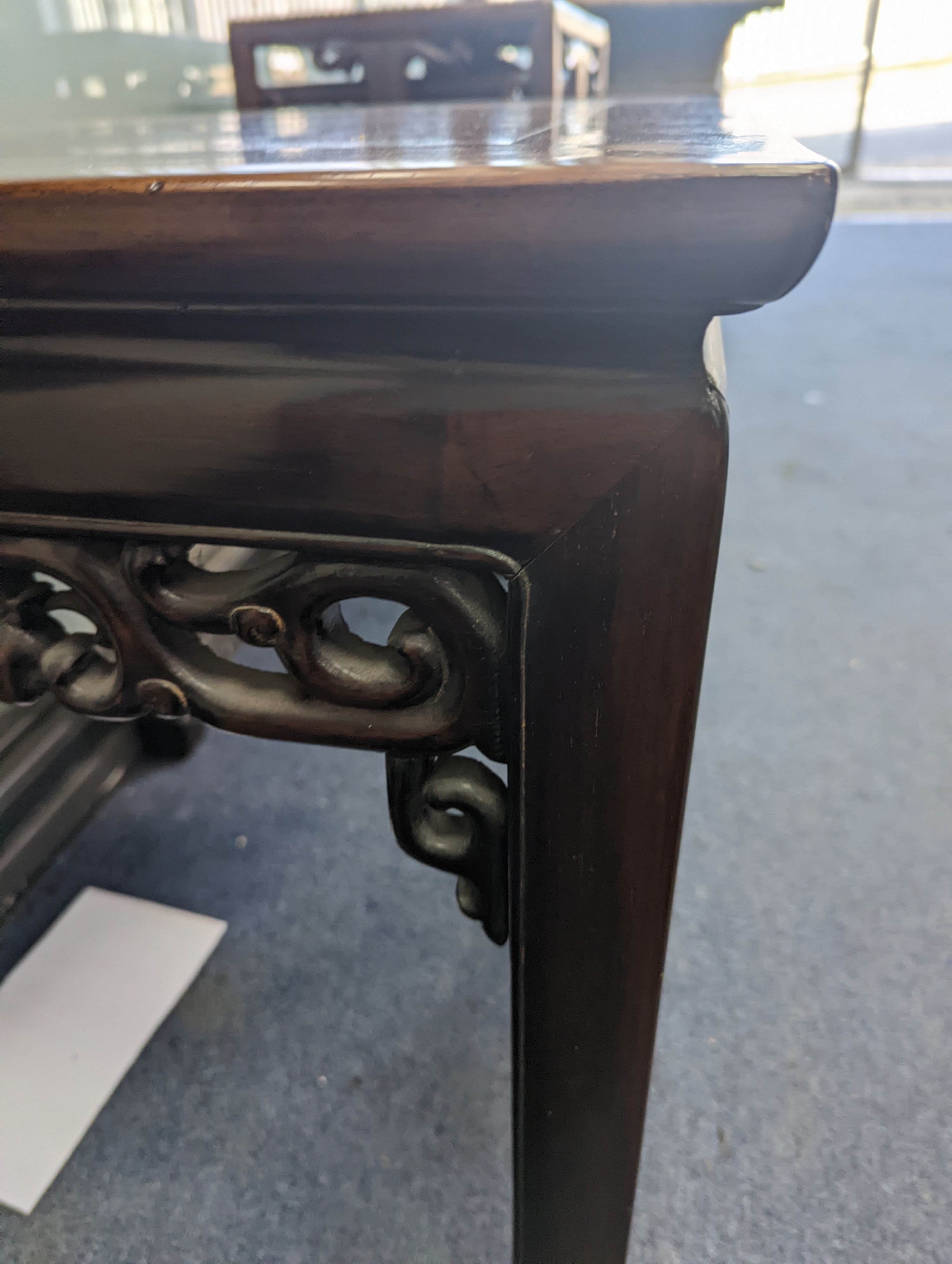 A pair of Chinese hardwood square top tables, 48cm, height 51cm